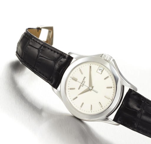 PATEK PHILIPPE. A FINE 18K WHITE GOLD AUTOMATIC WRISTWATCH WITH CENTRE SECONDS AND DATE