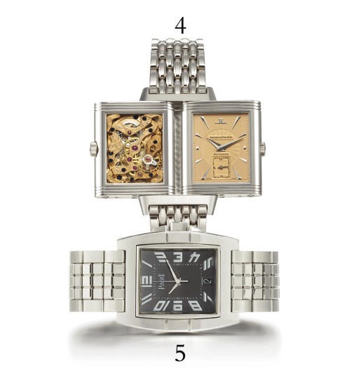 JAEGER-LECOULTRE. AN 18K WHITE GOLD RECTANGULAR REVERSIBLE SKELETONISED WRISTWATCH WITH BRACELET AND SALMON DIAL