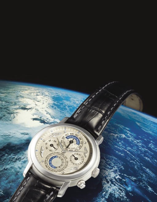 AUDEMARS PIGUET. A FINE PLATINUM AUTOMATIC PERPETUAL CALENDAR WORLD TIME WRISTWATCH