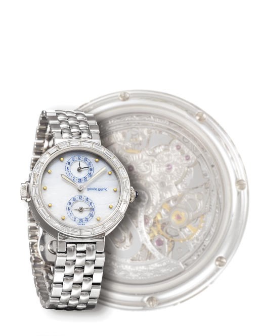 GERALD GENTA. AN 18K WHITE GOLD AND DIAMOND-SET AUTOMATIC TRIPLE TIME ZONE MINUTE REPEATING WRISTWATCH WITH BRACELET AND WHITE STONE DIAL
