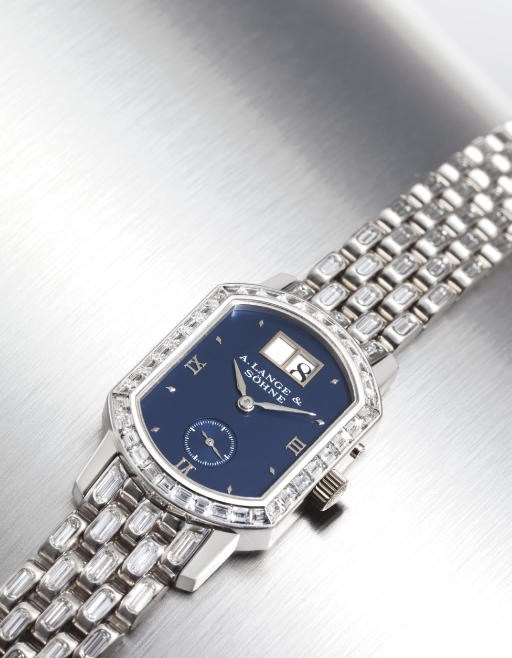 A. LANGE & SÖHNE. A VERY RARE 18K WHITE GOLD AND DIAMOND-SET TONNEAU-SHAPED WRISTWATCH WITH DATE AND BRACELET