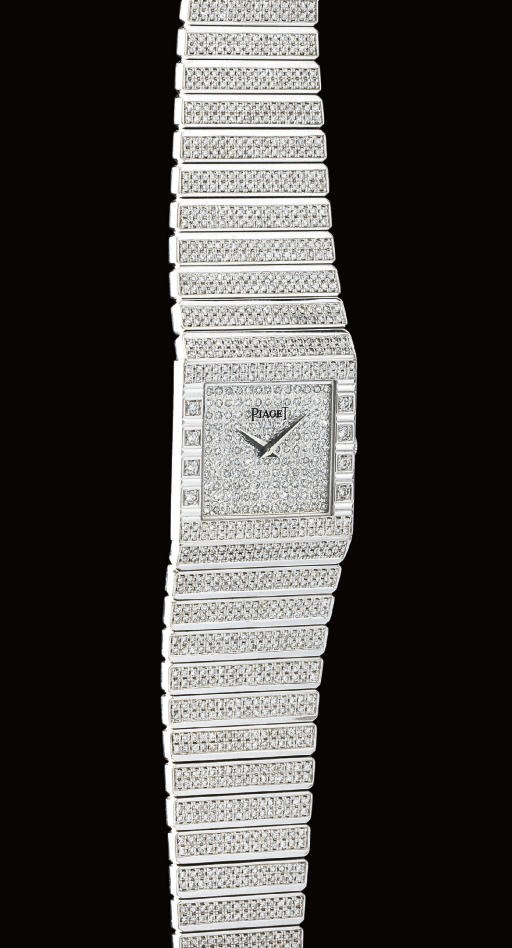 PIAGET. AN 18K WHITE GOLD AND DIAMOND-SET SQUARE WRISTWATCH WITH BRACELET