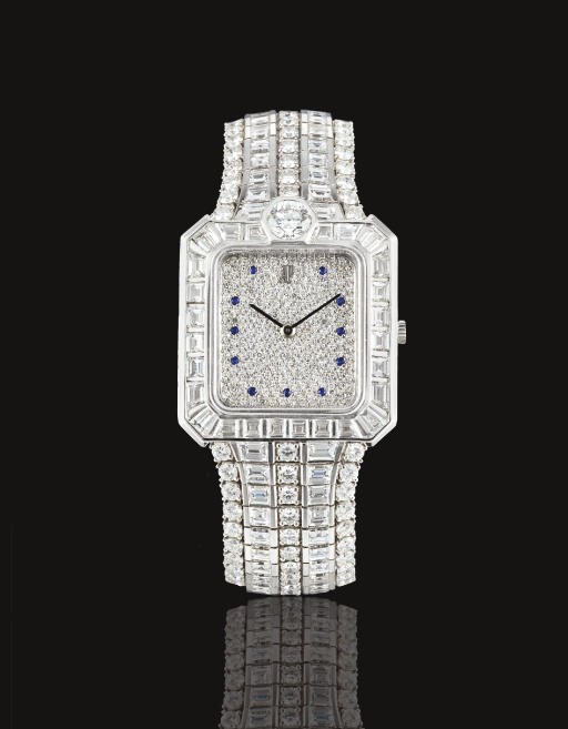 AUDEMARS PIGUET. A SUPERB 18K WHITE GOLD, DIAMOND AND SAPPHIRE-SET RECTANGULAR WRISTWATCH WITH BRACELET