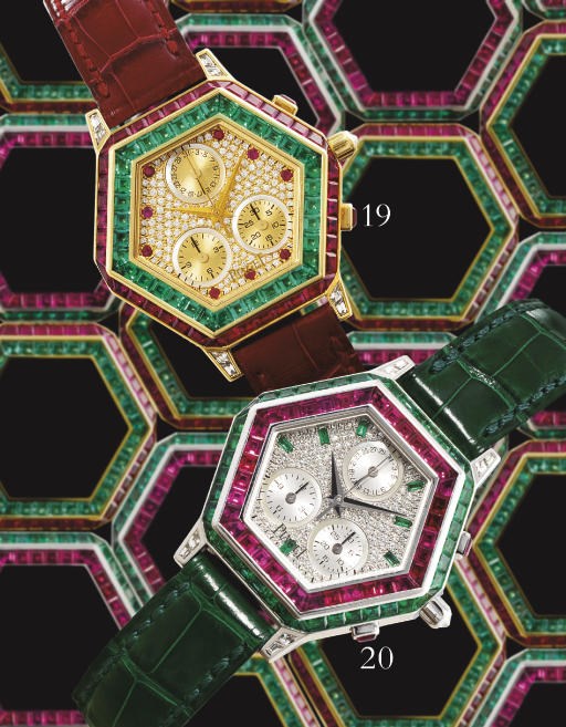 PIAGET. A VERY RARE 18K GOLD, DIAMOND, RUBY AND EMERALD-SET HEXAGONAL CHRONOGRAPH WRISTWATCH WITH DATE