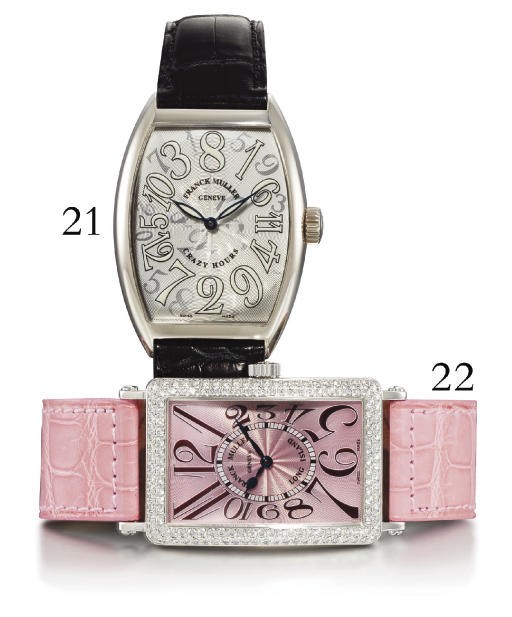 FRANCK MULLER. A FINE LADY'S 18K WHITE GOLD AND DIAMOND-SET RECTANGULAR AUTOMATIC WRISTWATCH WITH PINK DIAL
