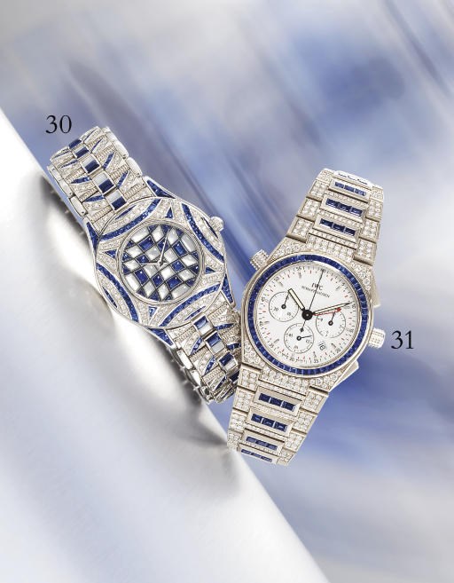 MAUBOUSSIN. AN 18K WHITE GOLD, DIAMOND, MOTHER-OF-PEARL AND SAPPHIRE-SET WRISTWATCH WITH BRACELET