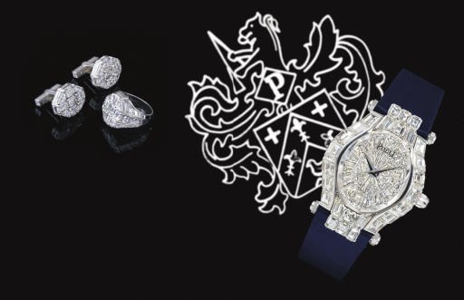 PIAGET. A MAGNIFICENT 18K WHITE GOLD AND DIAMOND-SET TONNEAU-SHAPED WRISTWATCH WITH MATCHING CUFFLINKS AND RING