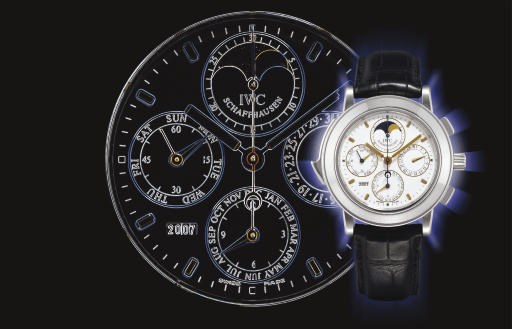 IWC. A VERY FINE AND RARE LIMITED EDITION PLATINUM AUTOMATIC PERPETUAL CALENDAR MINUTE REPEATING CHRONOGRAPH WRISTWATCH WITH PHASES OF THE MOON