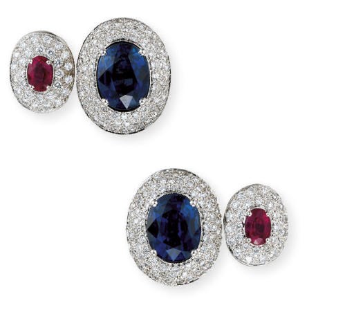 A PAIR OF SAPPHIRE, RUBY AND DIAMOND CUFFLINKS