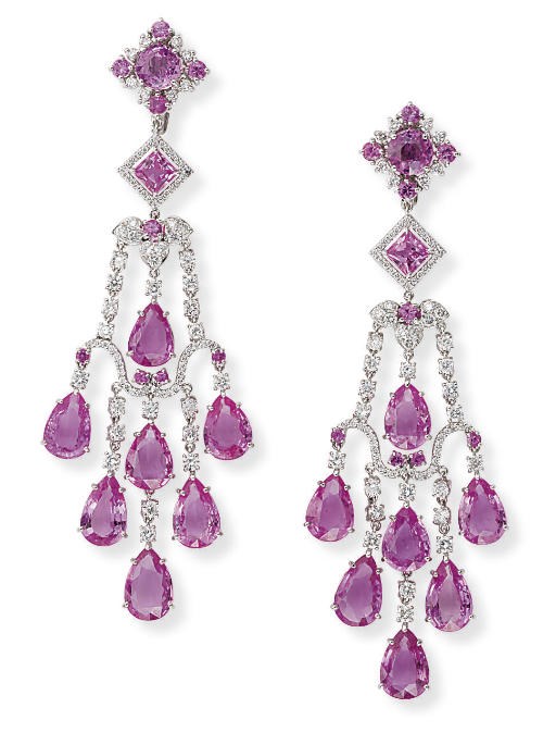 A PAIR OF PINK SAPPHIRE AND DIAMOND EAR PENDANTS, BY MICHAEL YOUSSOUFIAN