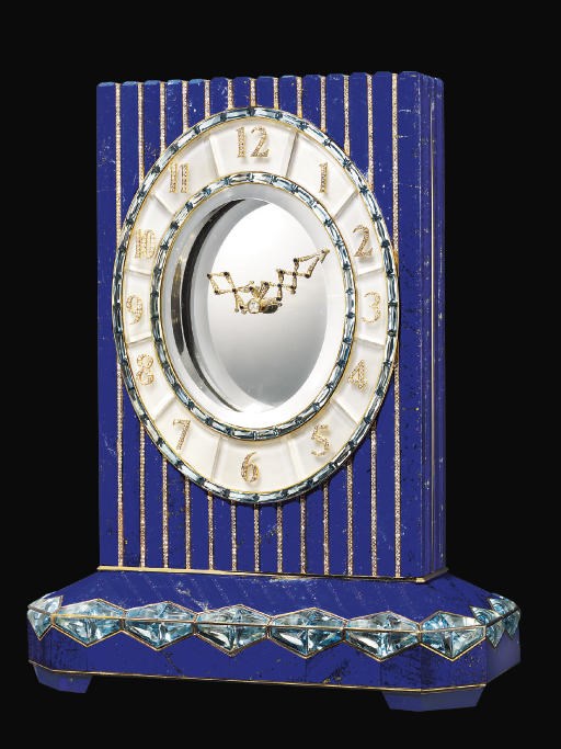 A FINE LAPIS LAZULI, DIAMOND AND AQUAMARINE MYSTERY CLOCK, BY ASPREY