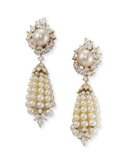 A PAIR OF NATURAL PEARL AND DIAMOND EAR PENDANTS, BY GÉRARD