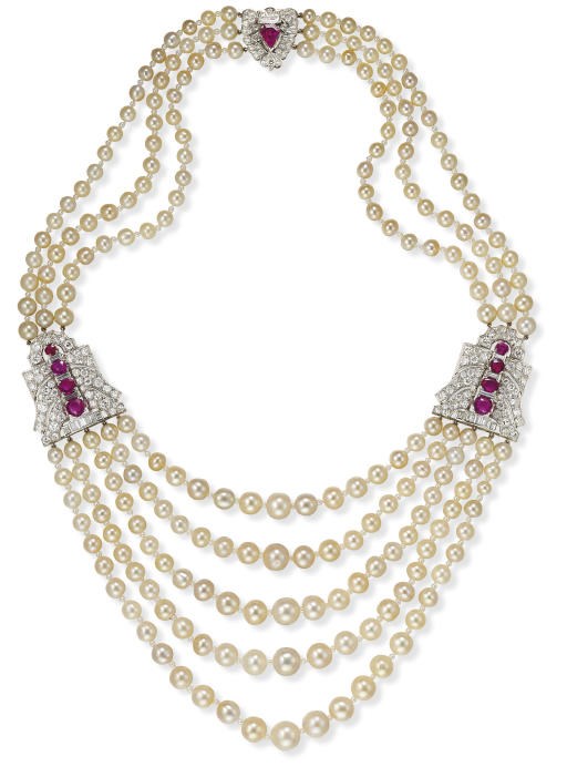 AN ATTRACTIVE NATURAL PEARL, RUBY AND DIAMOND NECKLACE
