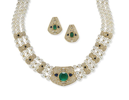 A CULTURED PEARL, EMERALD AND DIAMOND SET, BY REPOSSI