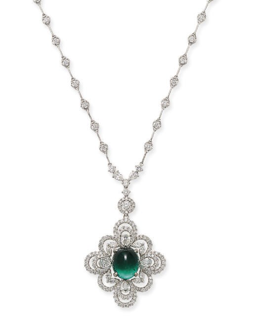AN EMERALD AND DIAMOND PENDENT NECKLACE