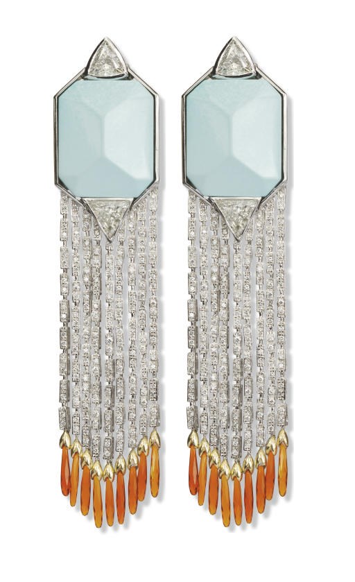 A PAIR OF TURQUOISE, DIAMOND AND FIRE OPAL EAR PENDANTS, BY GRACIA