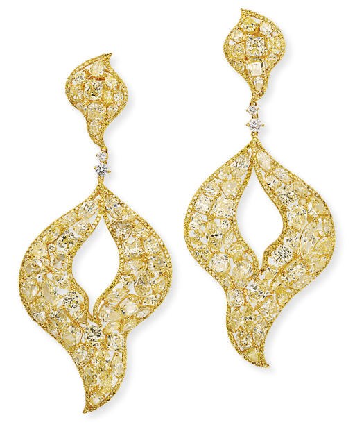 A STYLISH PAIR OF COLOURED DIAMOND EAR PENDANTS, BY MICHAEL YOUSSOUFIAN