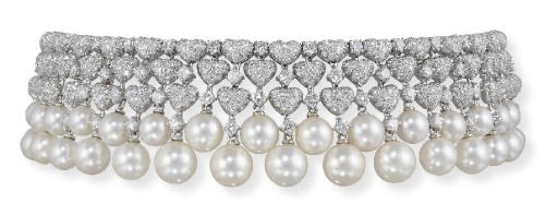 A CULTURED PEARL AND DIAMOND CHOKER