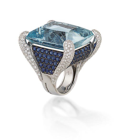 AN AQUAMARINE, SAPPHIRE AND DIAMOND COCKTAIL RING, BY MARGHERITA BURGENER