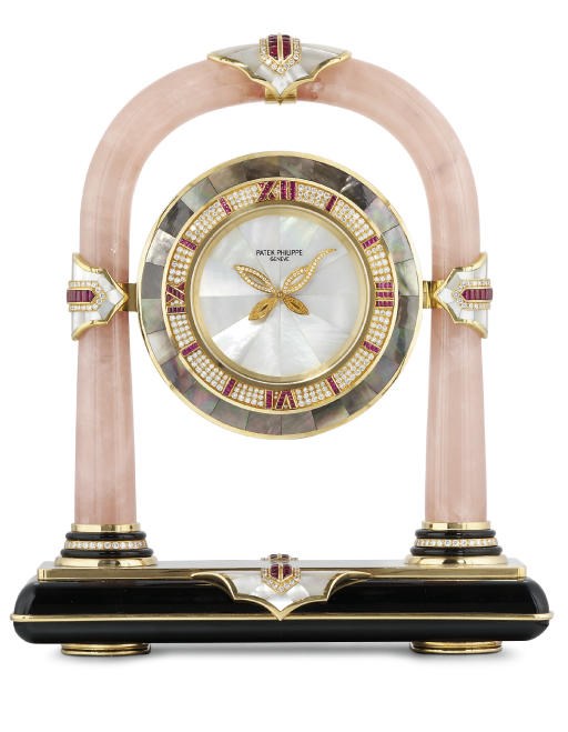 A RARE GEM-SET AND DIAMOND TABLE CLOCK, BY PATEK PHILIPPE