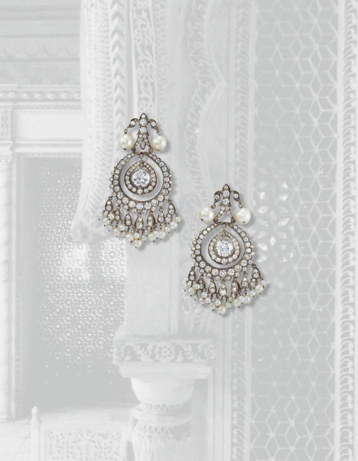 AN ELEGANT PAIR OF DIAMOND, PEARL AND CULTURED PEARL EAR PENDANTS