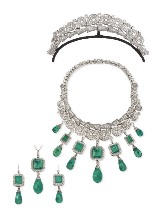 AN HISTORIC EMERALD AND DIAMOND NECKLACE/TIARA