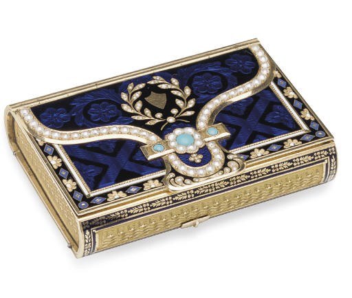 A VERY FINE SWISS GOLD, ENAMEL AND PEARL-SET MUSICAL SNUFF BOX