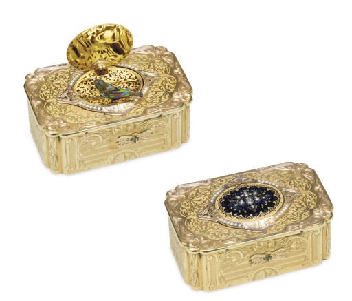 A FINE SWISS TWO-COLOR GOLD, ENAMEL, GEM AND PEARL-SET SINGING-BIRD BOX