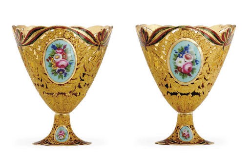 A PAIR OF SWISS GOLD AND ENAMEL ZARFS