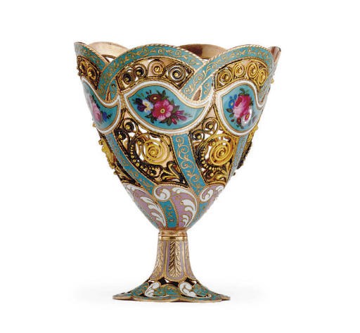 A SWISS FILIGREE GOLD AND ENAMEL ZARF