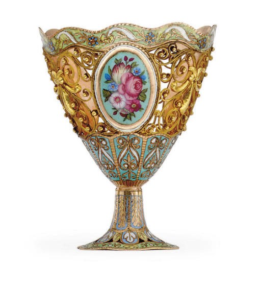A SWISS FILIGREE GOLD AND ENAMEL ZARF