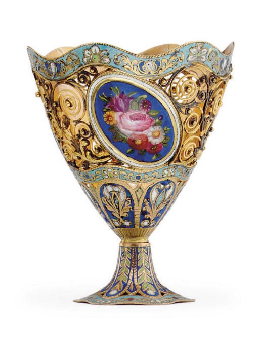 A SWISS FILIGREE GOLD AND ENAMEL ZARF