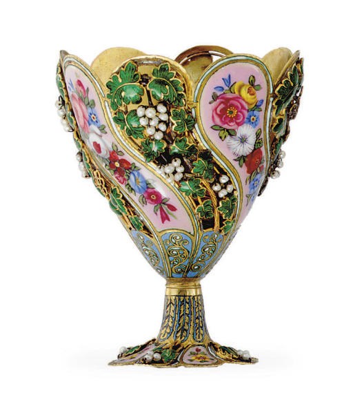 AN UNUSUAL SWISS GOLD, ENAMEL AND PEARL-SET ZARF