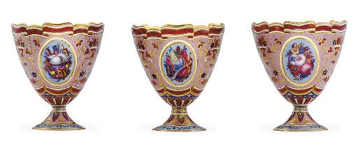 A SET OF THREE SWISS GOLD AND ENAMEL ZARFS