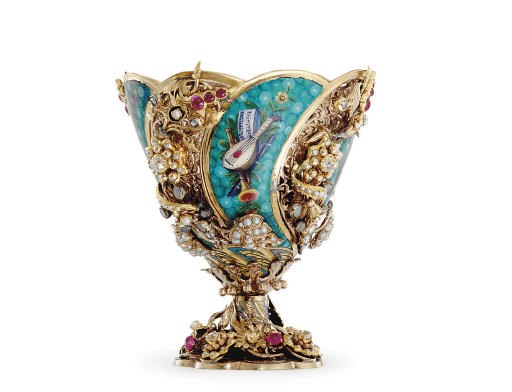 A VERY FINE SWISS GOLD, ENAMEL AND GEM-SET ZARF