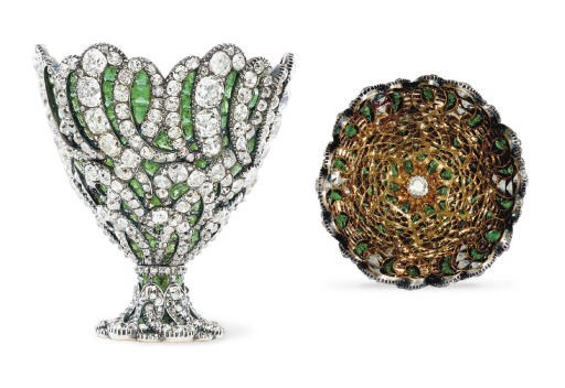 A MAGNIFICENT SWISS GOLD, DIAMOND AND EMERALD-SET ZARF