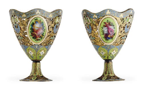 A PAIR OF SWISS GOLD AND ENAMEL ZARFS