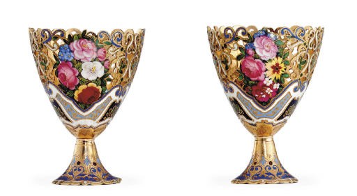 A PAIR OF SWISS GOLD AND ENAMEL ZARFS