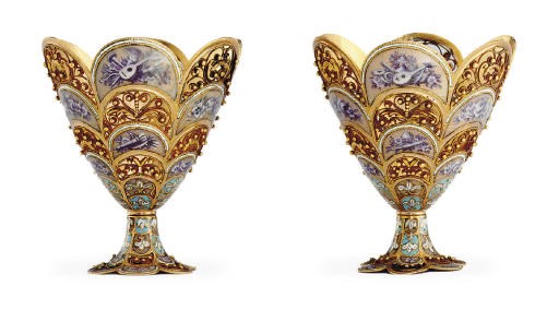 AN UNUSUAL PAIR OF SWISS FILIGREE GOLD AND ENAMEL ZARFS