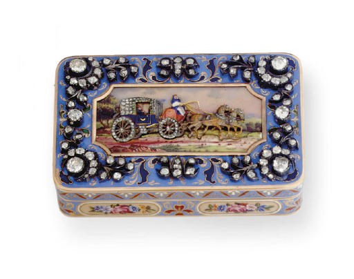AN UNUSUAL SWISS GOLD, ENAMEL AND GEM-SET SNUFF BOX