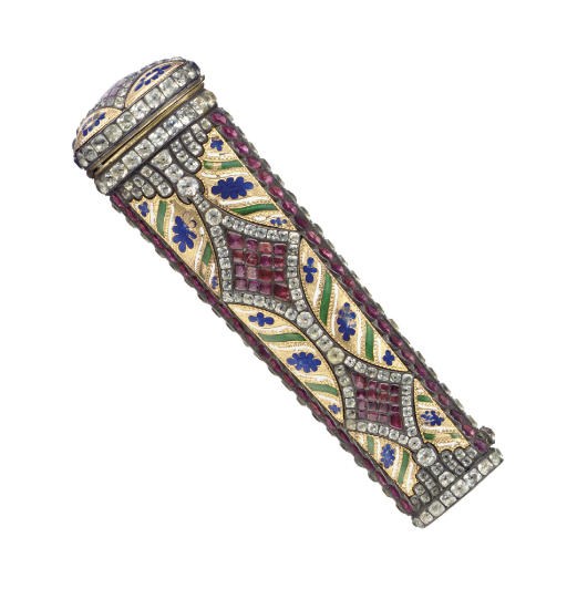 A SWISS GOLD, ENAMEL AND STONE-SET NECESSAIRE