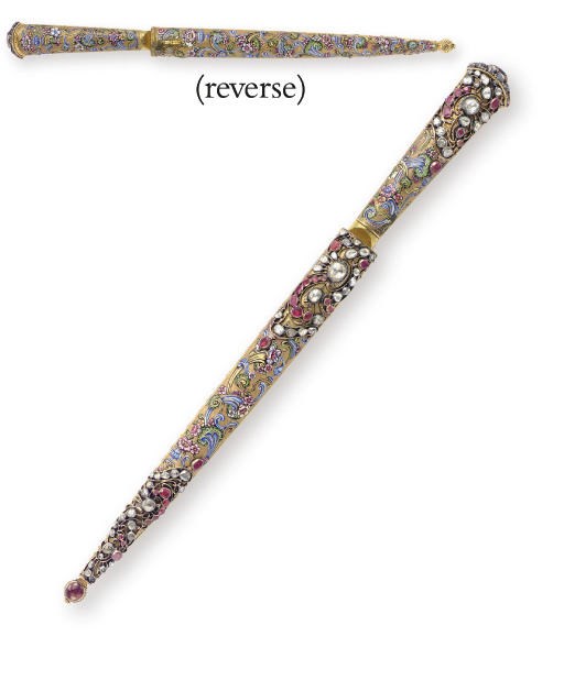 A RARE FRENCH GOLD, ENAMEL AND GEM-SET DAGGER IN SCABBARD