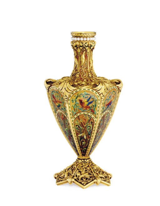 A RARE FRENCH GOLD, ENAMEL AND PEARL-SET VASE