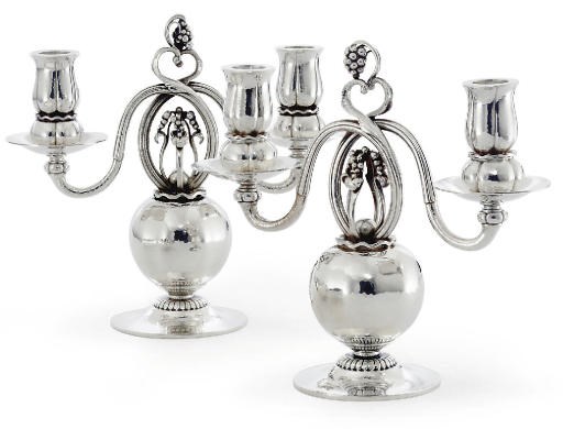 A PAIR OF DANISH SILVER TWO-LIGHT CANDELABRA