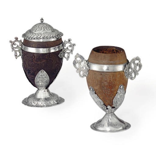 TWO SPANISH COLONIAL SILVER-MOUNTED COCONUT CHOCOLATE CUPS
