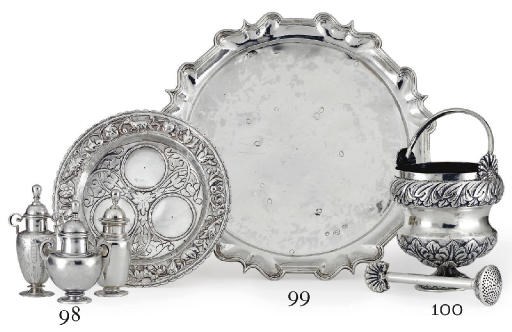 A SPANISH COLONIAL SILVER CRUET STAND WITH THREE ASSOCIATED POTS (CRISMERAS)