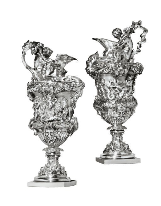 A PAIR OF VICTORIAN SILVER EWERS