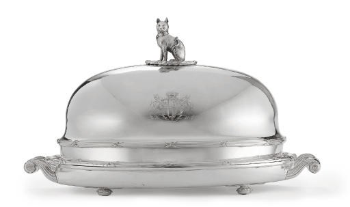 A GEORGE IV SILVER AND SHEFFIELD-PLATED MEAT DISH, COVER AND STAND