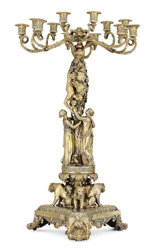 A MAGNIFICENT REGENCY SILVER-GILT CENTERPIECE CANDELABRUM DESIGNED BY JOHN FLAXMAN R.A.