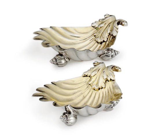 TWO GEORGE III/GEORGE IV SILVER SHELL-FORM SALT CELLARS